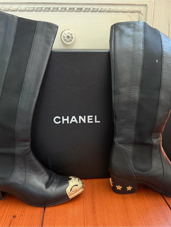 CHANEL Other - CHANEL Black Leather Knee Boots with Gold Star Heel and Gold Toe Accent